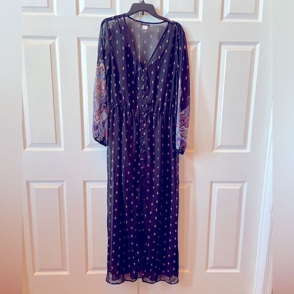 2 PC DRESS SOLID BLACK SHEATH & MAXI FRONT BOTTON BLACK CHIFFON DUSTER XL - Picture 1 of 7